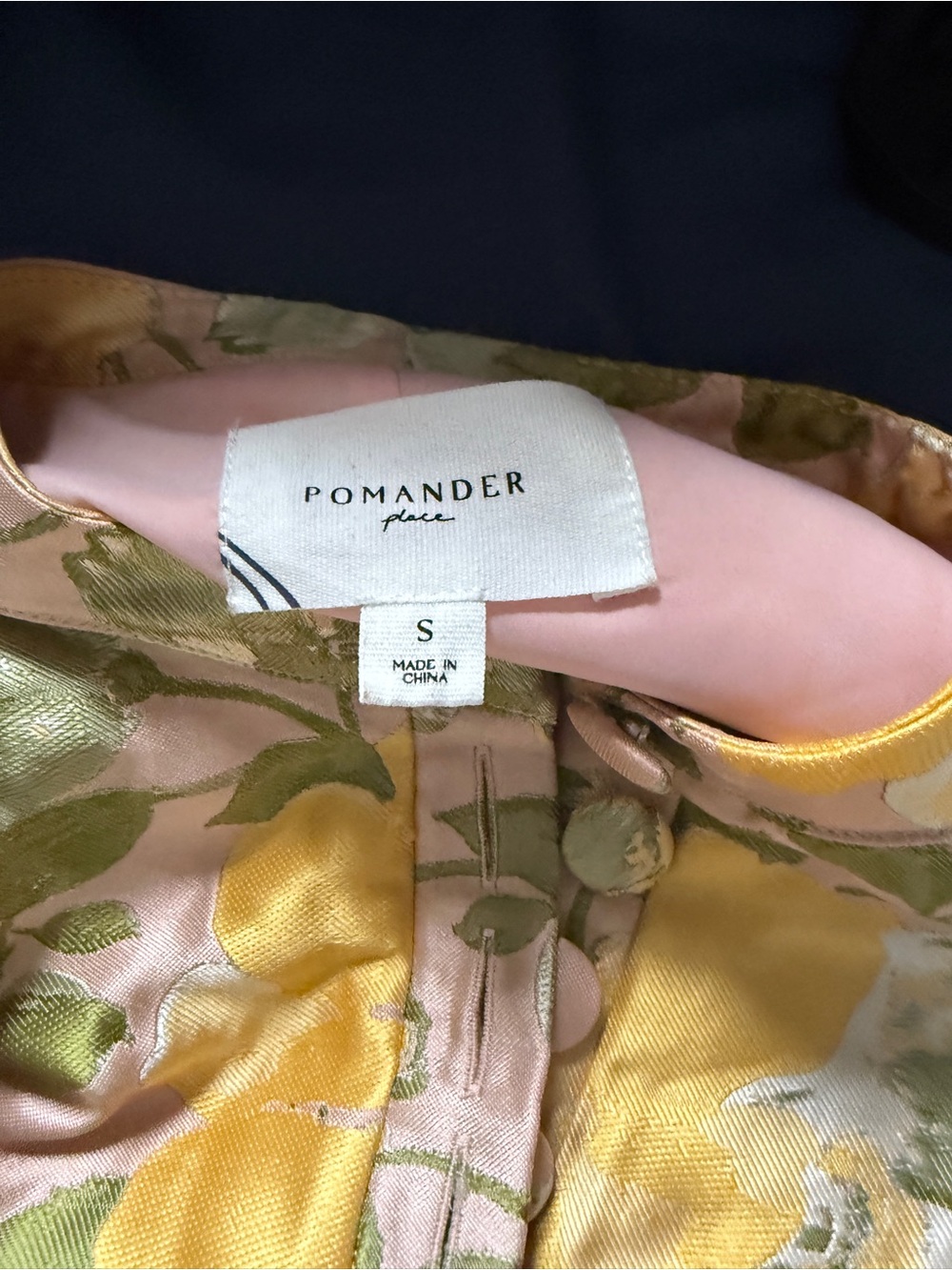 Tuckernut Pomander Place Pink Satin Dress with Yellow Floral Embroidery - Picture 2 of 2